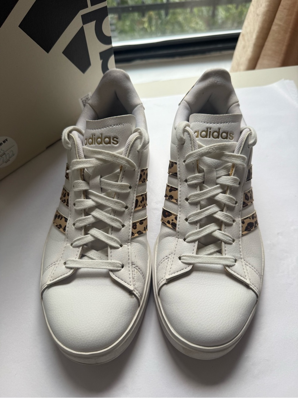 adidas White Sneakers with Leopard Stripe Trim